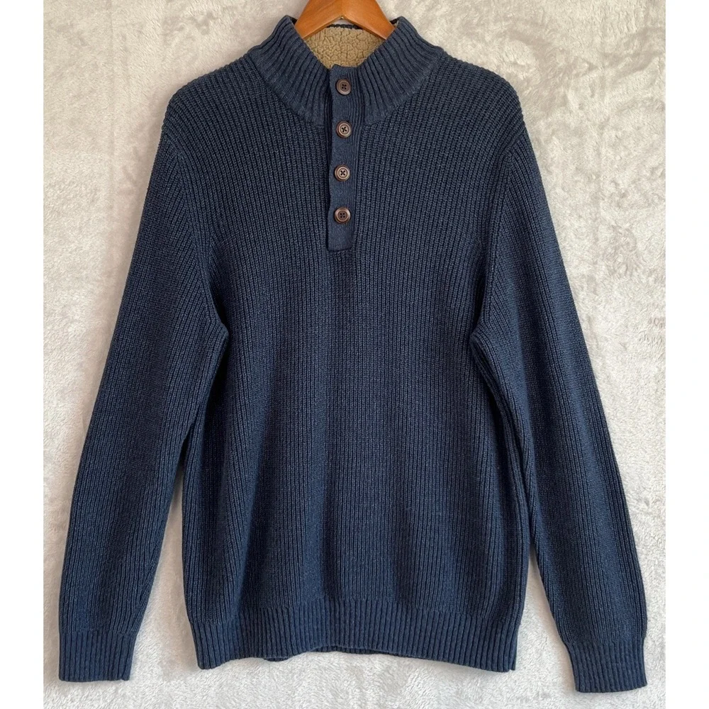Men's Quarter Button Pullover Sweater XL Bass Navy Blue‎ Henley 3-Button Heather